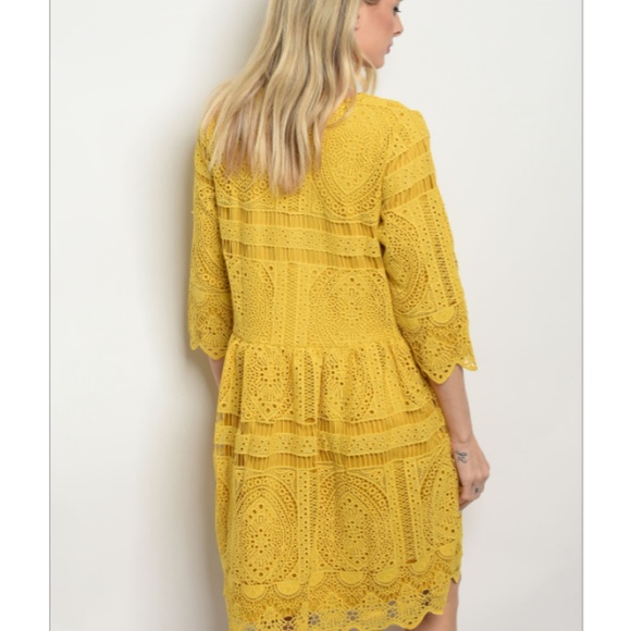 🌻Hidden Alley Mustard Eyelet Boho Low Waist Dress - Picture 3 of 7
